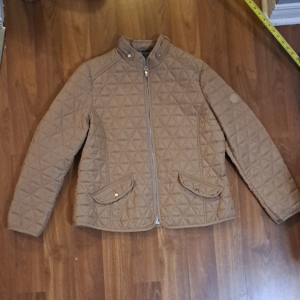 Women's Quilted Puffer Jacket in Tan with Snap Collar